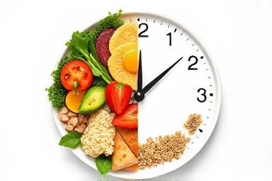 Healthy balanced meal alongside a clock face, representing the 8-hour eating window.